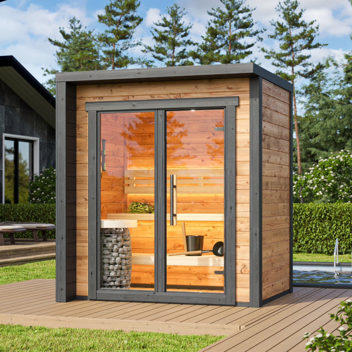 Front Side view of Flora Sauna Exterior on a backyard by a pool