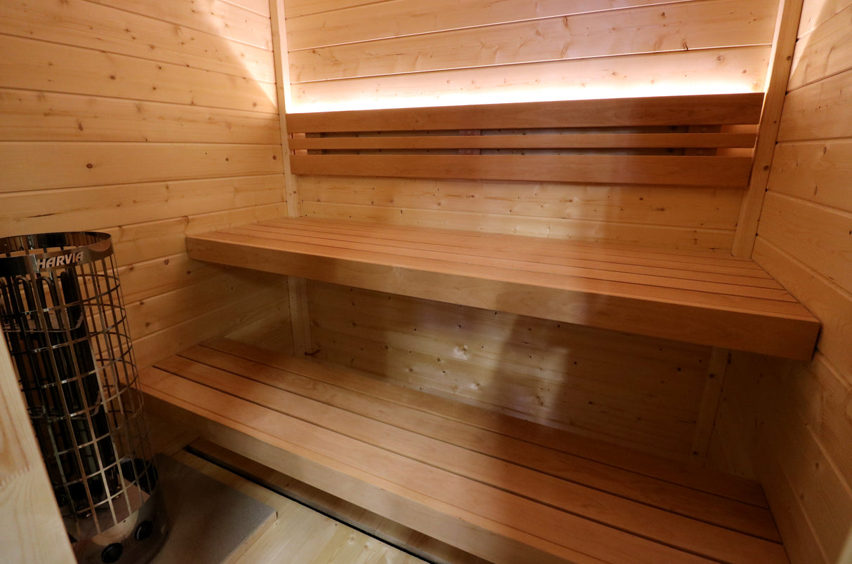 View from the interior of Flora Sauna looking at its seats