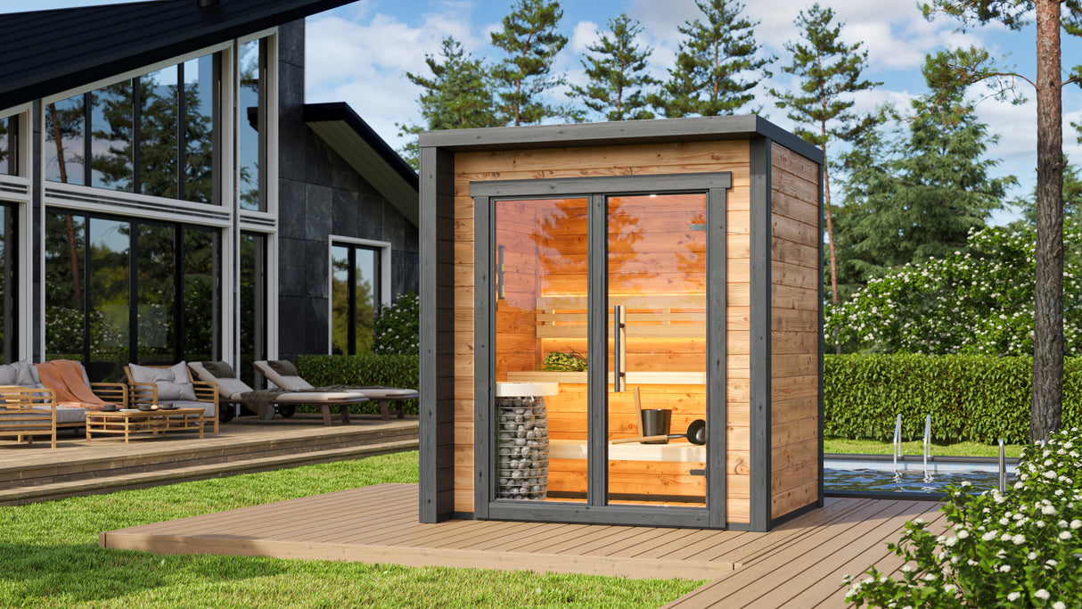 Front Side view of Flora Sauna Exterior on a backyard