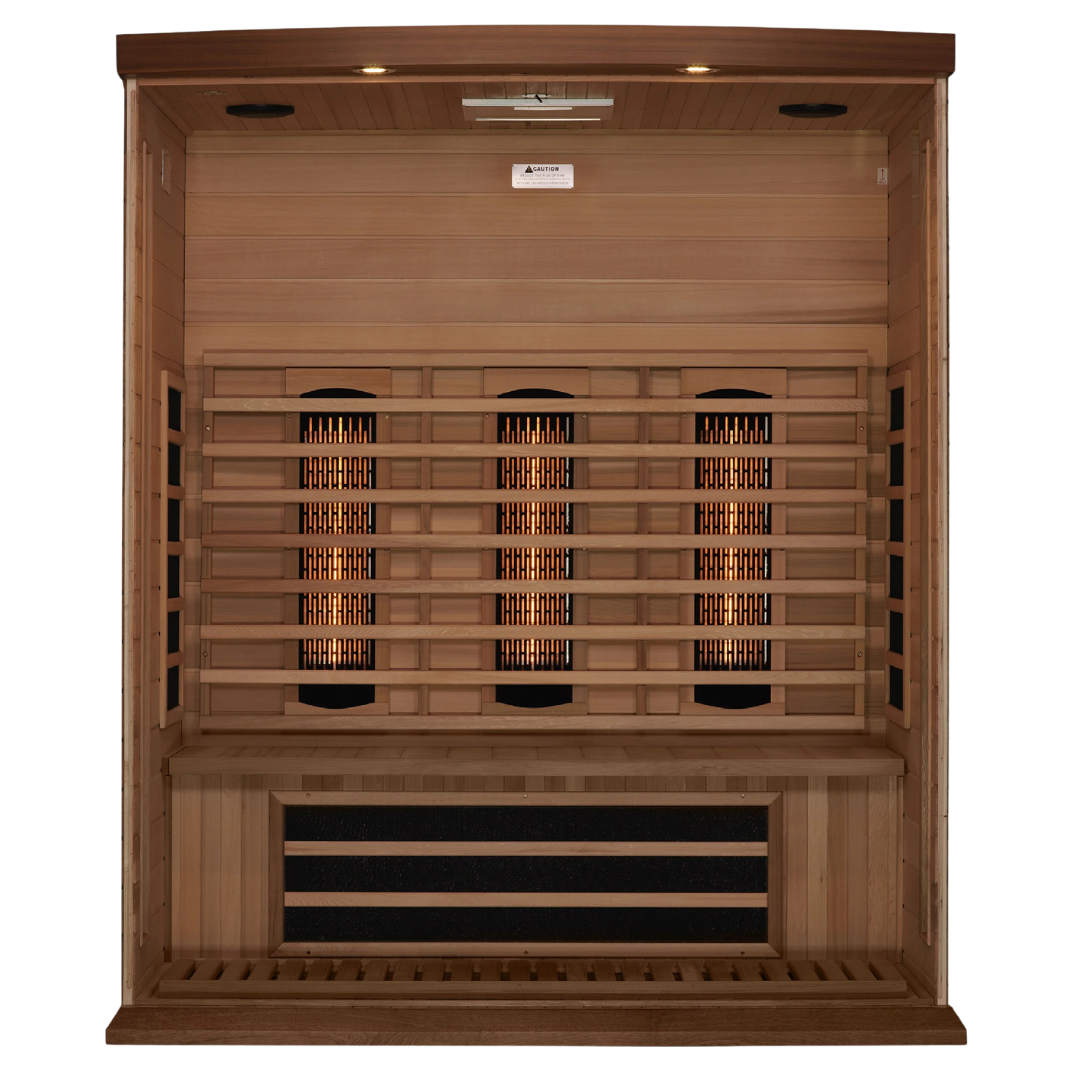 Interior view of the Transcend infrared sauna, featuring wooden bench seating, full-spectrum heating, and chromotherapy lighting for a spacious, therapeutic experience.