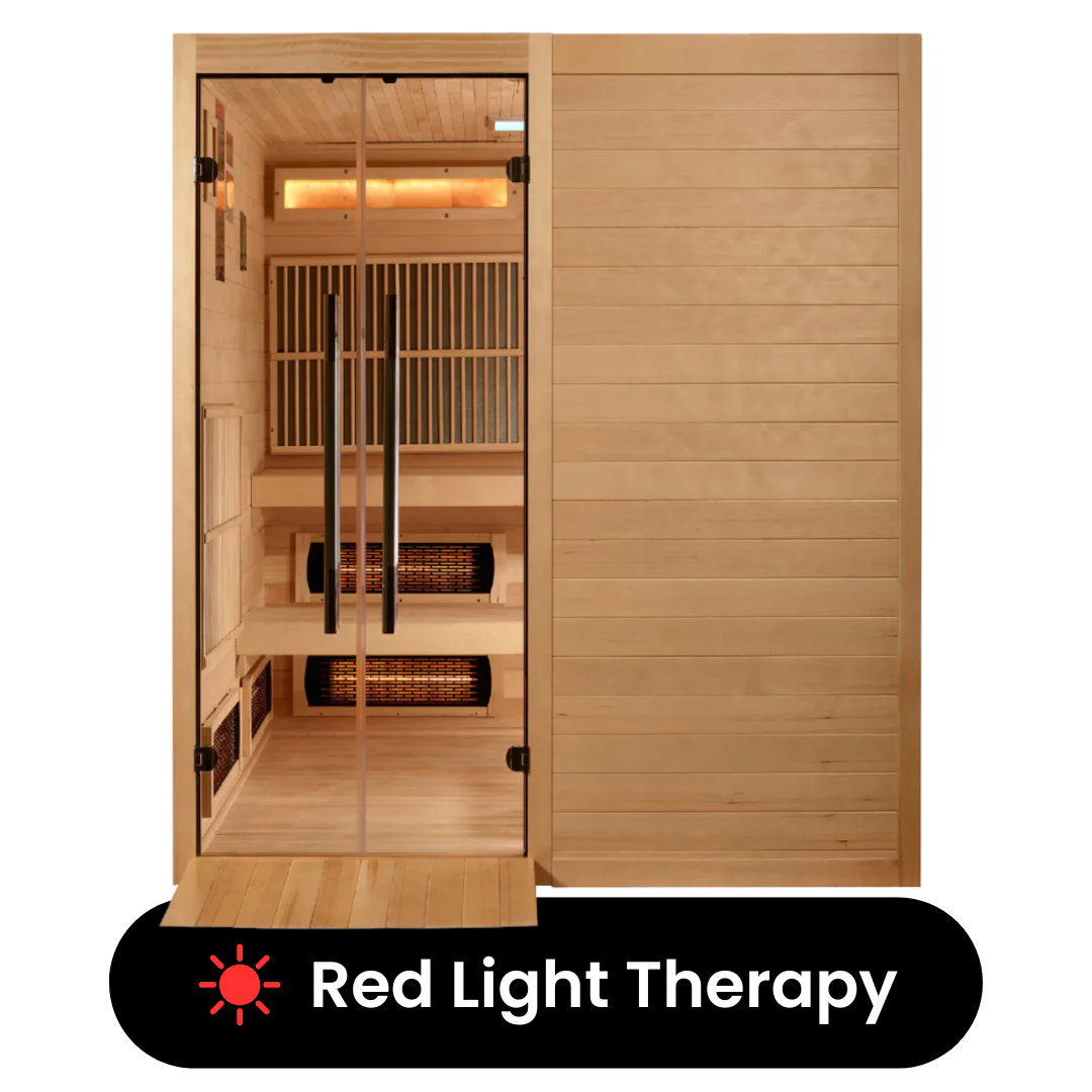Front look of the Harmony Hybrid Indoor Sauna with wooden walls and a glass door, equipped with interior lighting and labeled with 'Red Light Therapy'.