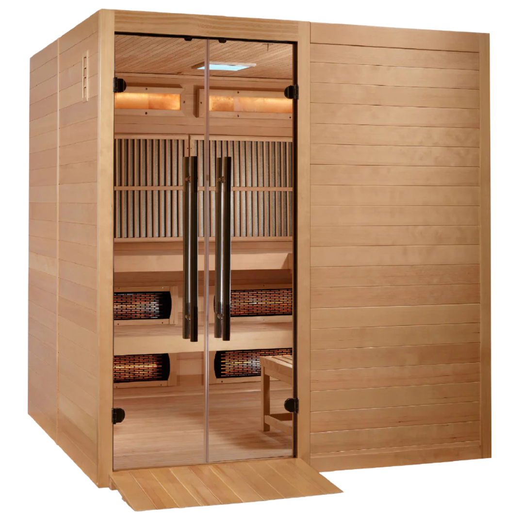 Front look of the Harmony Hybrid Indoor Sauna with wooden walls and a glass door, equipped with interior lighting.