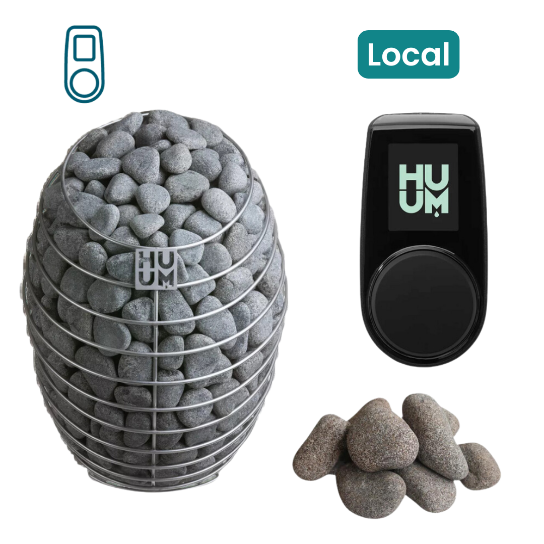 A set of images showcasing a Huum Drop Heater, including the heater itself with a large stone cavity.