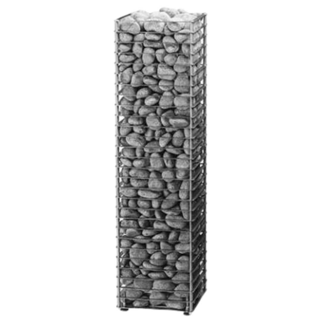 Tower heater filled with sauna stones front view