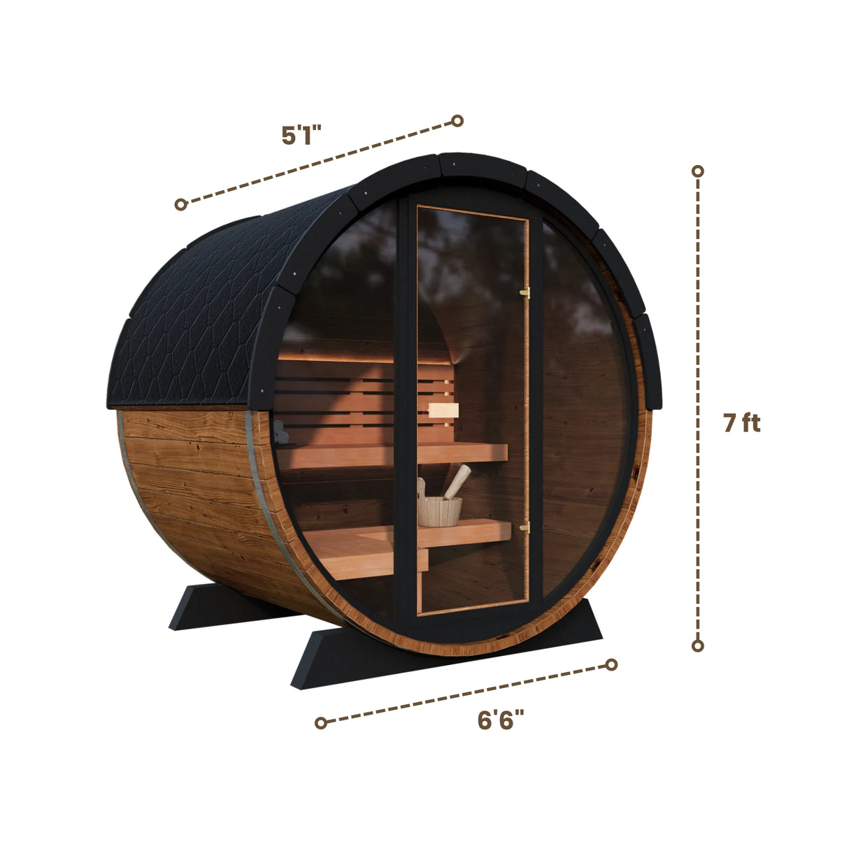 Dimensions of Nordic II Front Glass 3-person Barrel Sauna made of wood with 2 benches and a full glass front with 6.6 feet base, 7 feet high and 5.1 feet deep