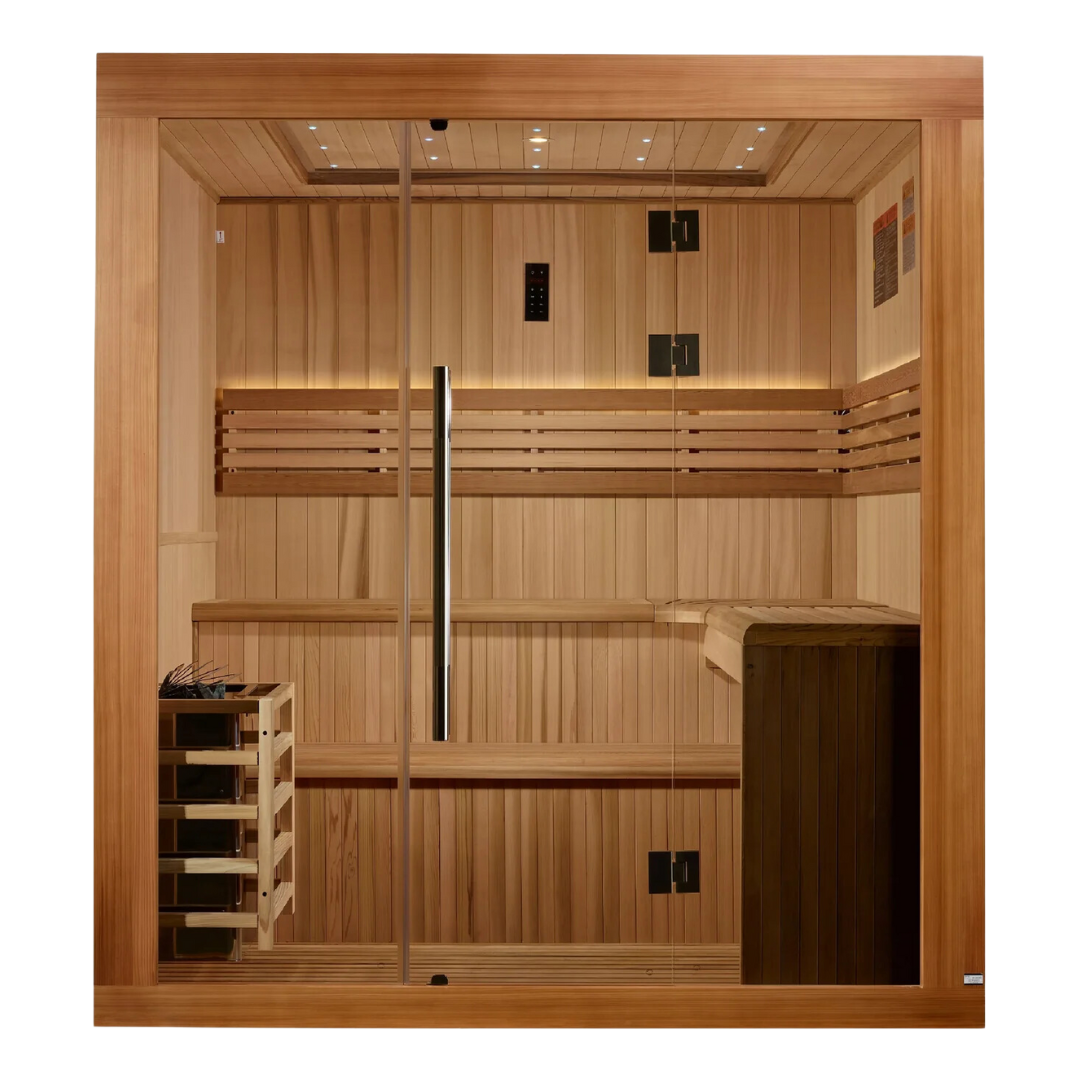 Festive 6 person traditional indoor sauna exterior with classic cedar wood design
