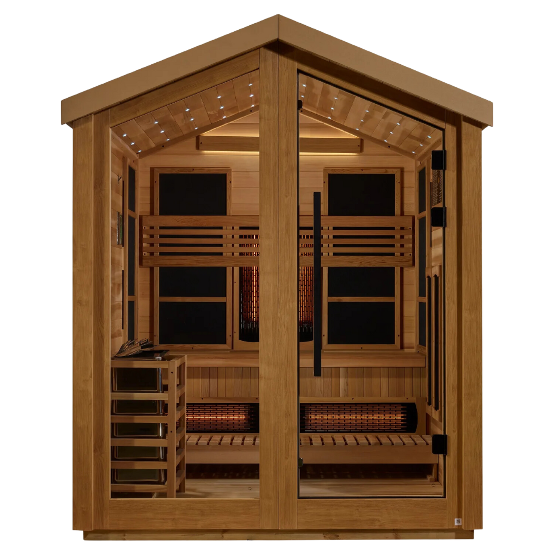 A 3 person outdoor hybrid sauna with full spectrum carbon infrared panels, featuring a wooden design and equipped with interior lighting.