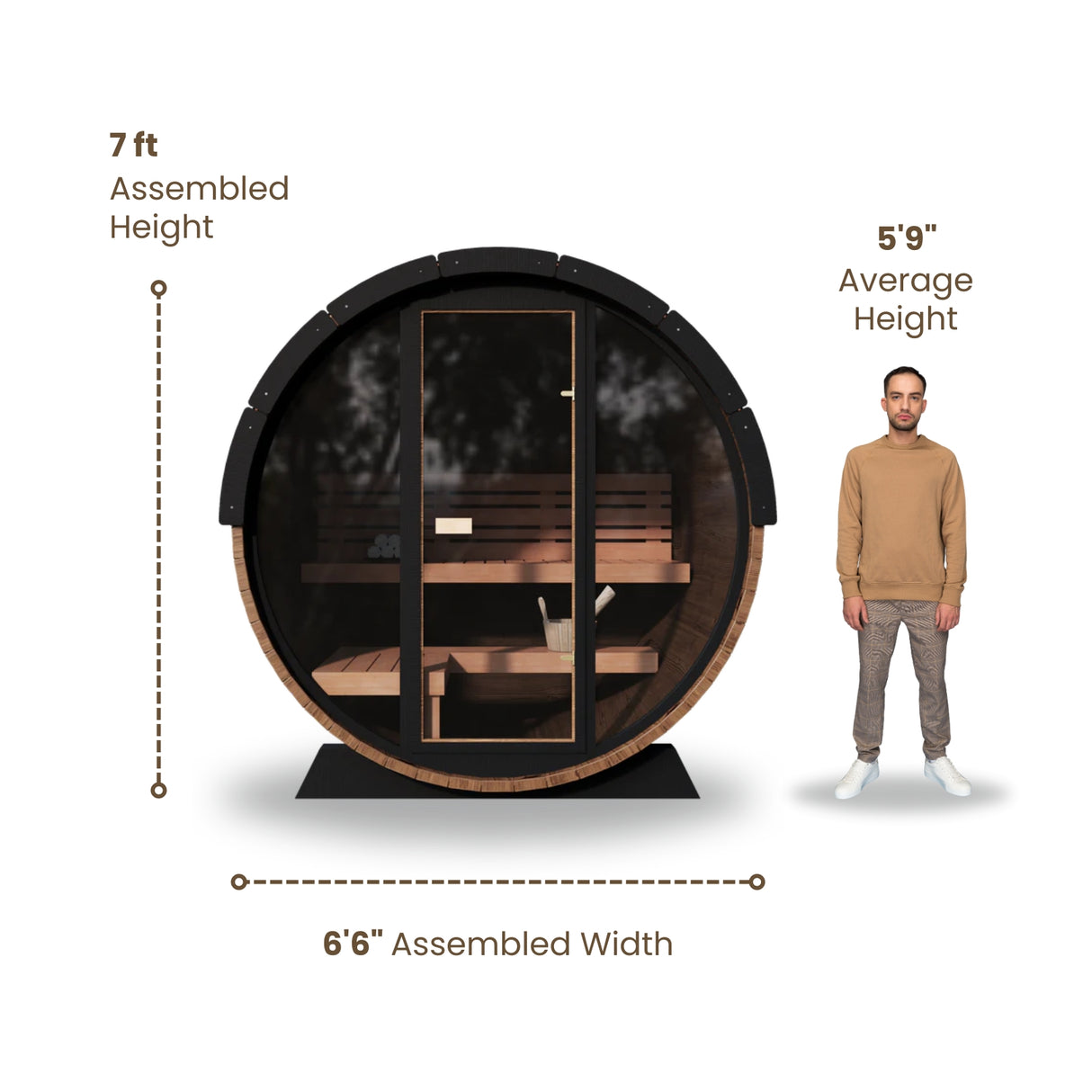 Dimensions of Nordic II Front Glass 3-person Barrel Sauna made of wood with 2 benches and a full glass front with 6.6 feet base, 7 feet high compared to the average size of a human (5.9 feet)