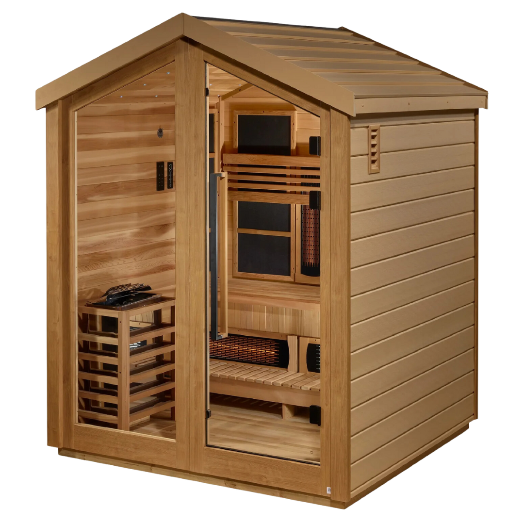 Compact outdoor hybrid sauna made of wood with glass front door, infrared heaters and bench seating for 3 people.