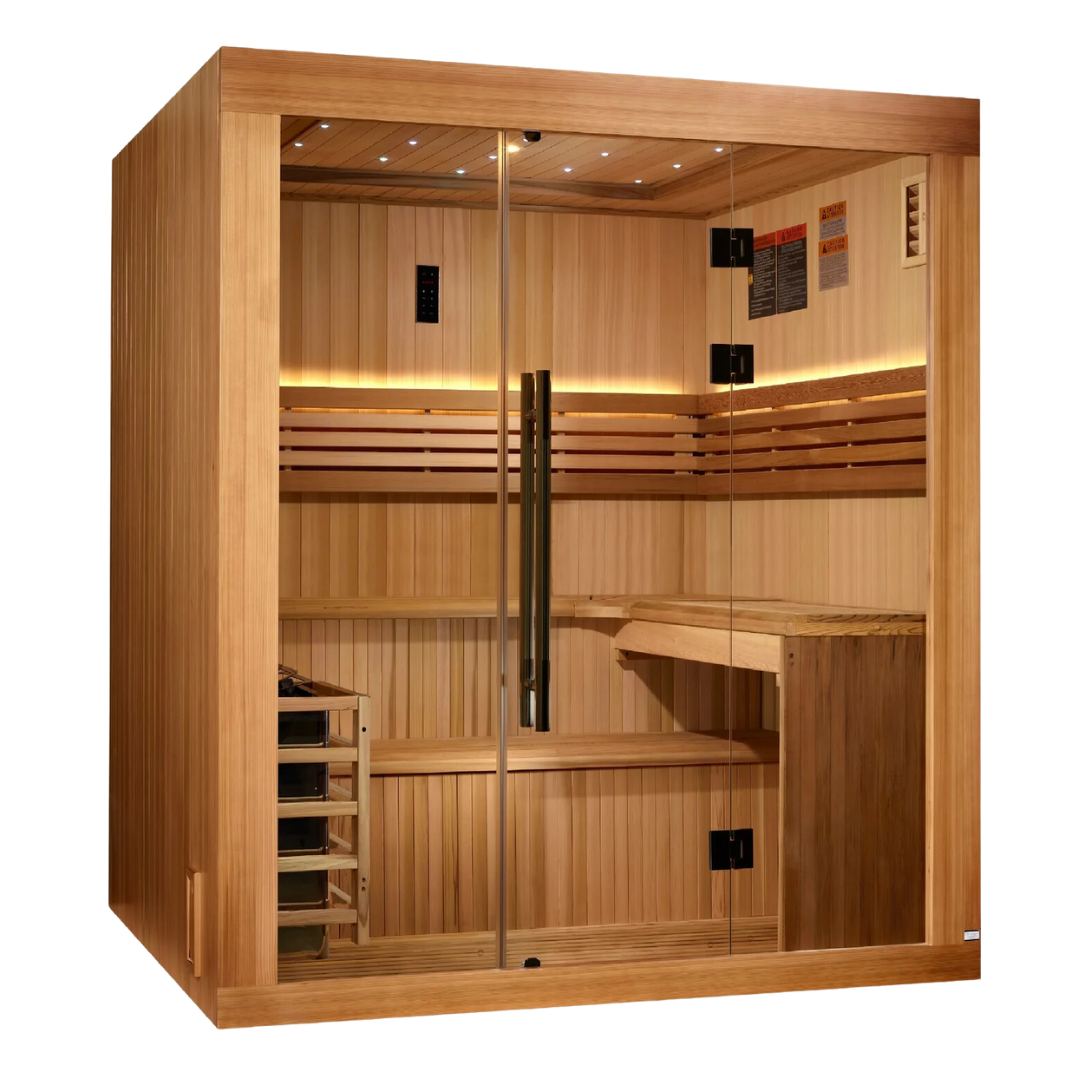 Close-up of sauna stove in Festive 6 person traditional indoor sauna for authentic heat