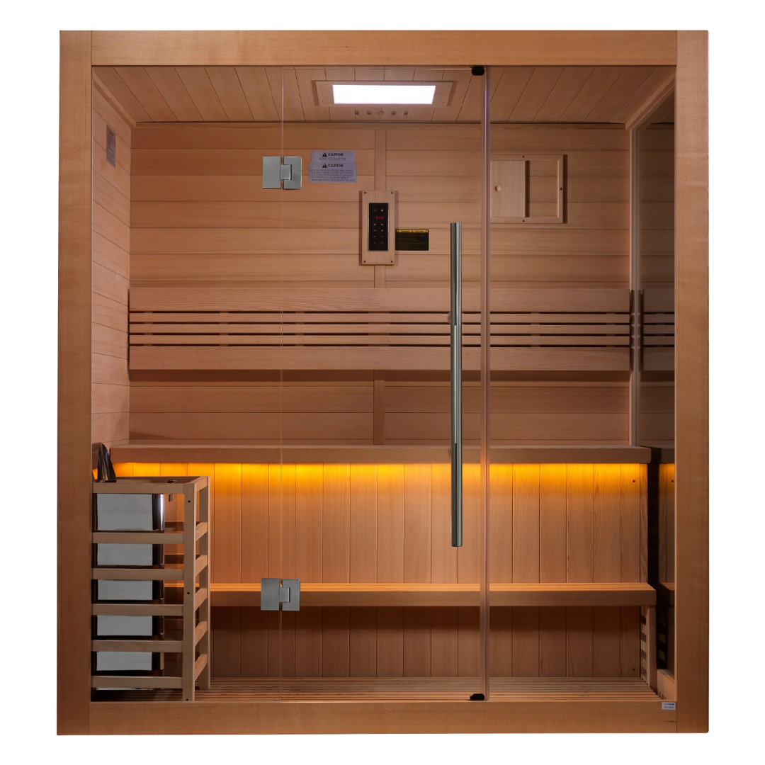 Interior view of Fierce sauna showing wooden benches for 3 to 4 people and traditional heater