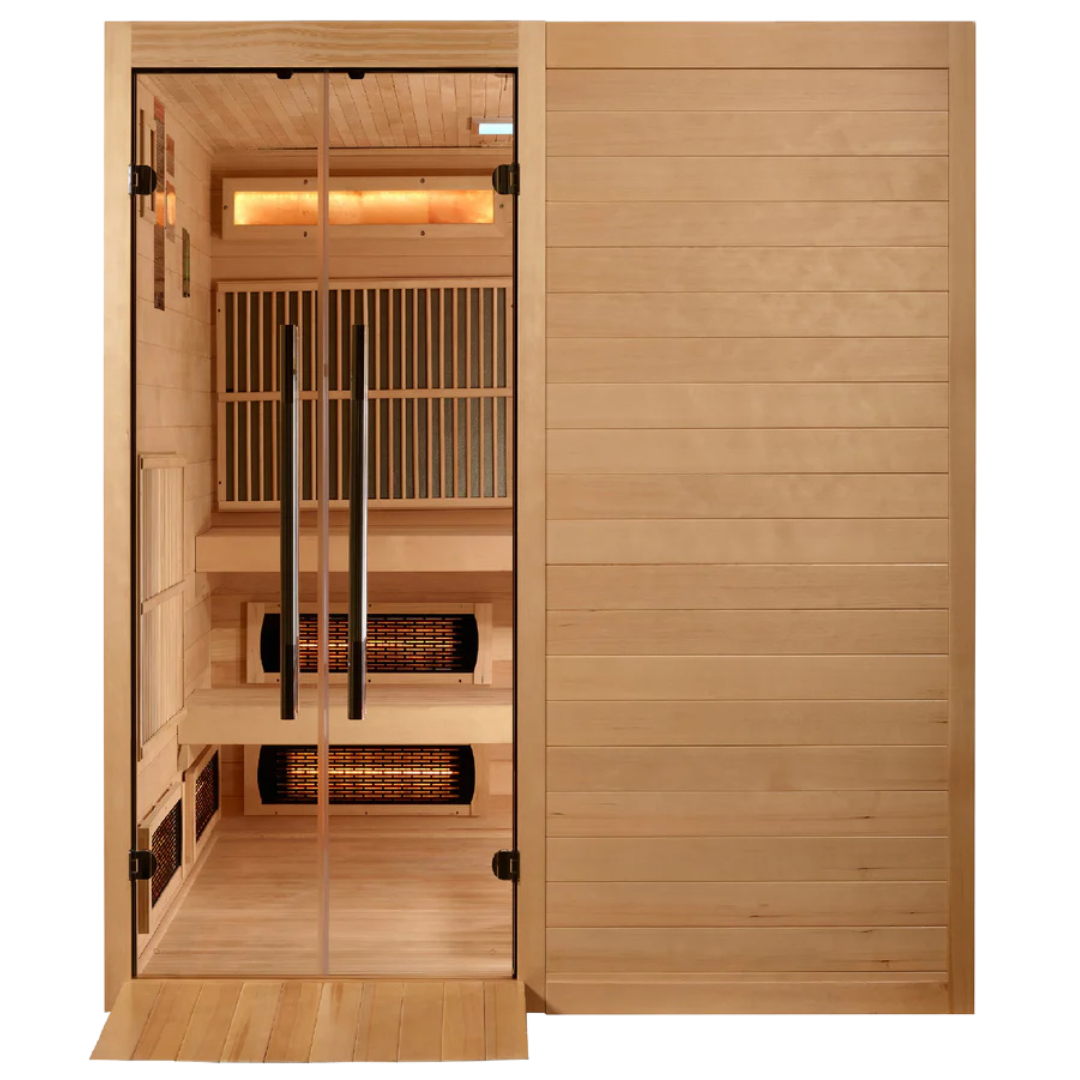 Front look of the Harmony Hybrid Indoor Sauna with wooden walls and a glass door, equipped with interior lighting.