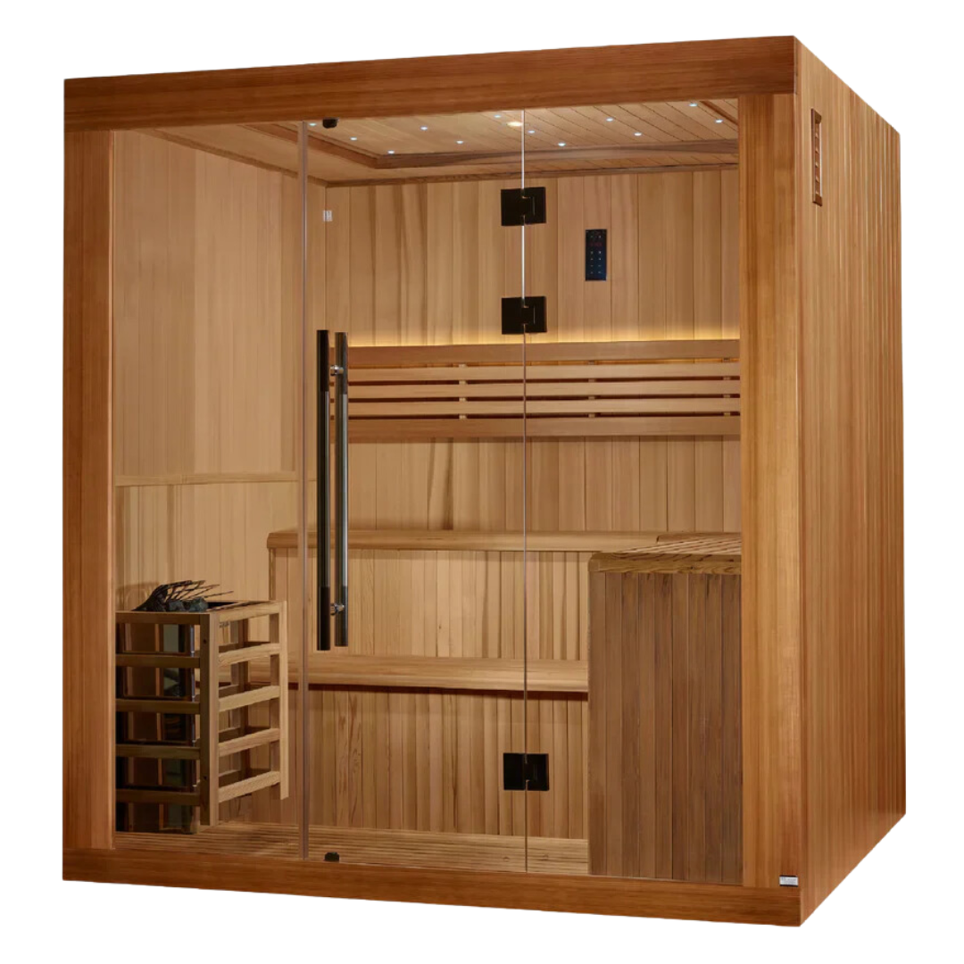 Interior of Festive 6 person sauna showing spacious wooden benches and traditional heater
