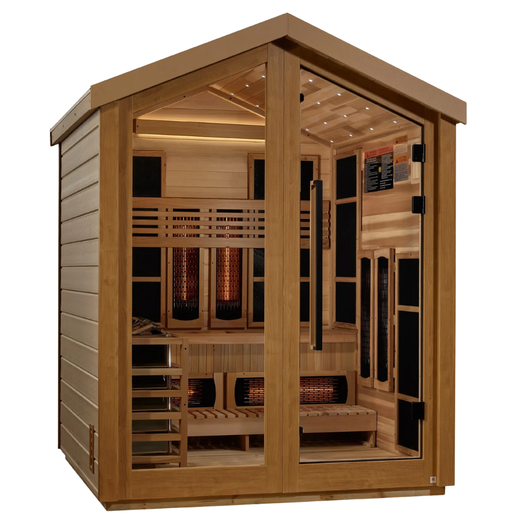 Modern wooden outdoor hybrid sauna with glass door and multiple infrared heaters, designed to accommodate 3 people.