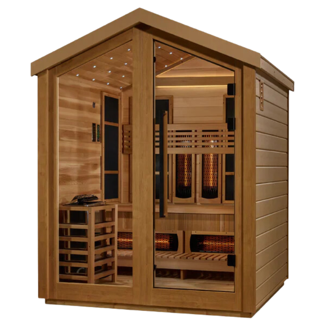 Wooden outdoor hybrid sauna with glass front door and infrared heaters, designed to seat 3 people.