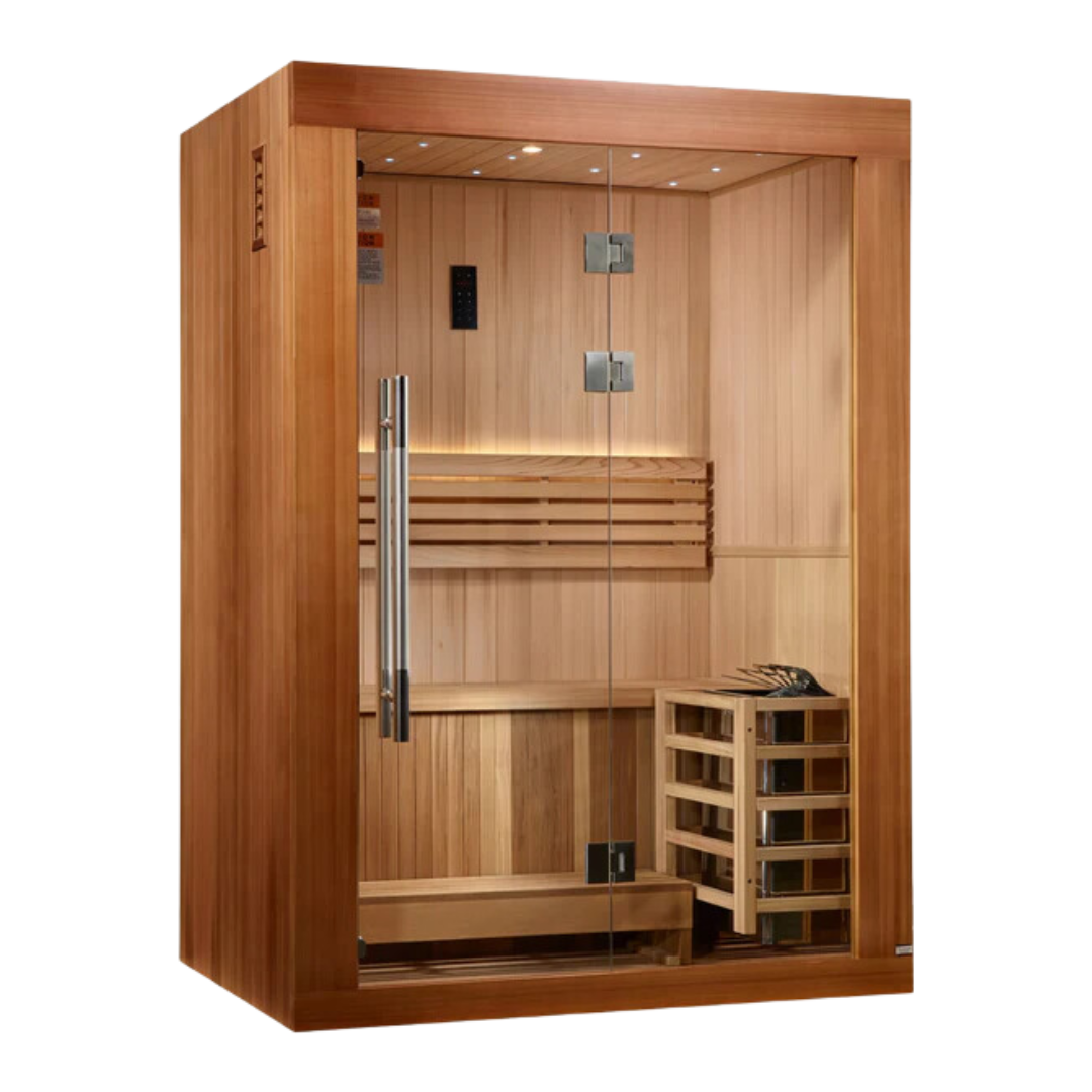 Left side exterior view of the Ally, 2-person, indoor traditional sauna