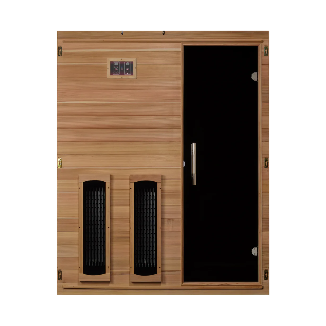 Interior view of the Uplift sauna facing the front wall