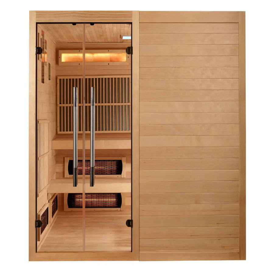 Front look of the Harmony Hybrid Indoor Sauna with wooden walls and a glass door, equipped with interior lighting.