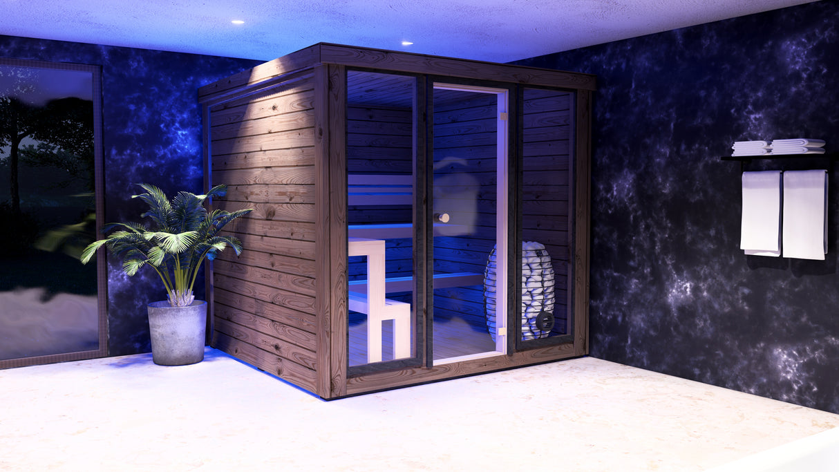 Monarch King Traditional Outdoor Sauna installed on a bathroom