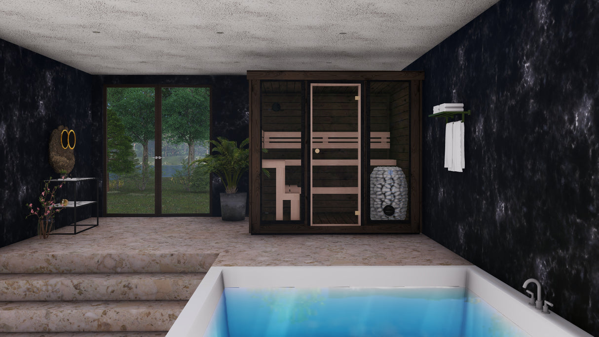 Monarch King Traditional Outdoor Sauna installed on a swiming pool room