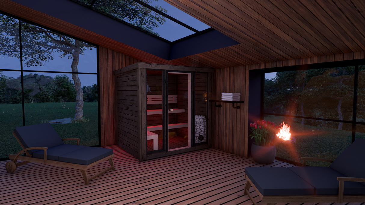 Monarch King Traditional Outdoor Sauna in interior lounge at night