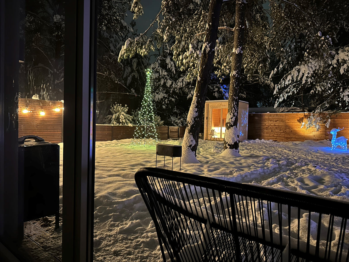 Exterior view of Flora Sauna in a snowy backyard