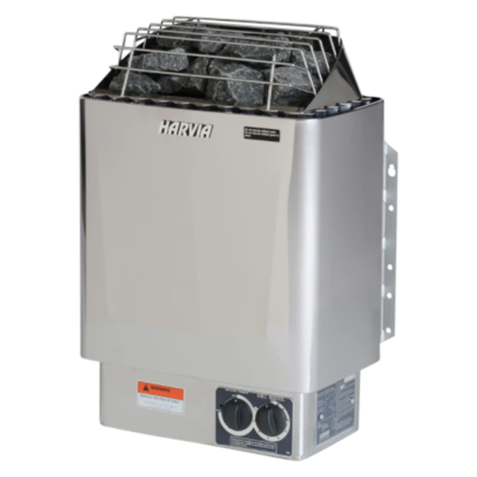 A wall-mounted Harvia Electric KIP Heater with built-in controls and a stainless steel exterior.