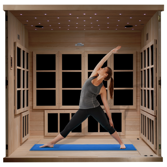 Full wood Interior of Majestic Sauna with a person doing yoga