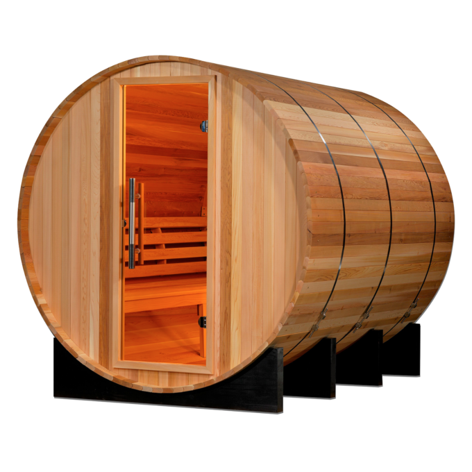 Marstrand II barrel sauna exterior with tempered glass door