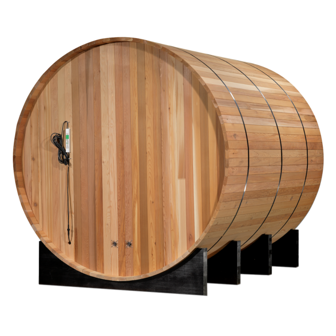Rear view highlighting curved cedar staves and end caps