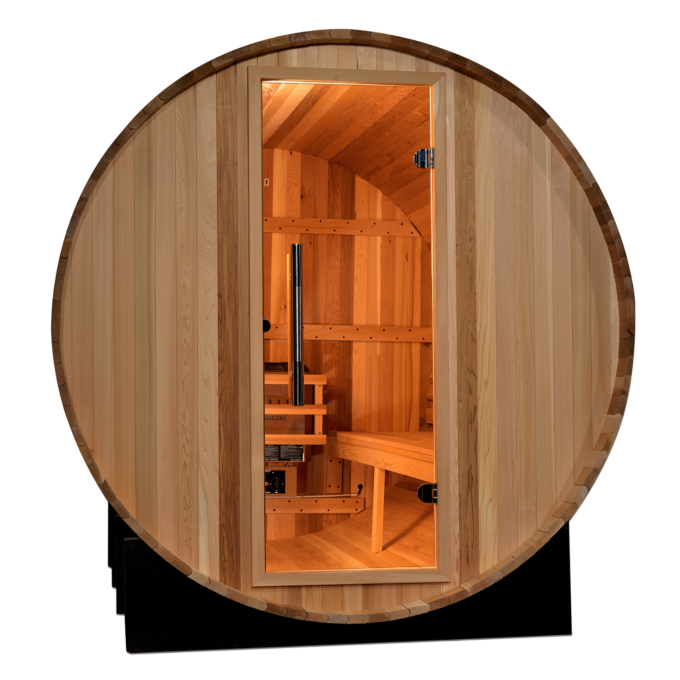 Marstrand II 6-person barrel sauna with a glass door for a clear outdoor view