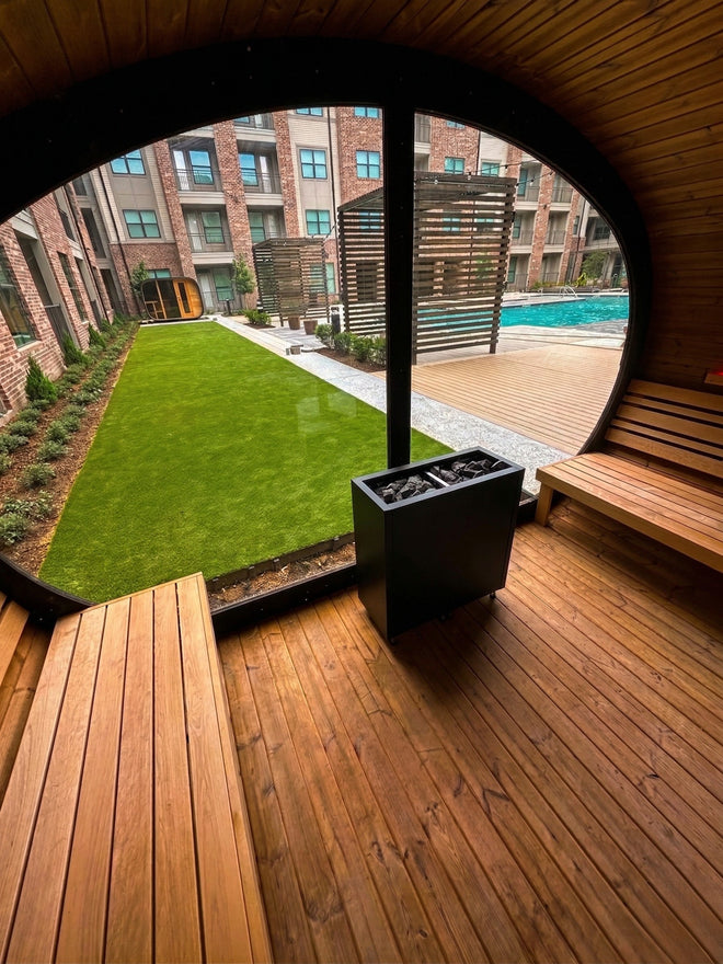 Inside the barrel, facing the pool
