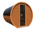Side profile of the Stellar 6-person barrel sauna , showcasing its sturdy barrel design and glass door.
