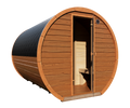 Side profile of the Stellar With Relax Room 6-person barrel sauna , showcasing its sturdy barrel design and glass door.