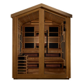 A 6 person outdoor hybrid sauna with wooden walls and full spectrum carbon infrared panels.