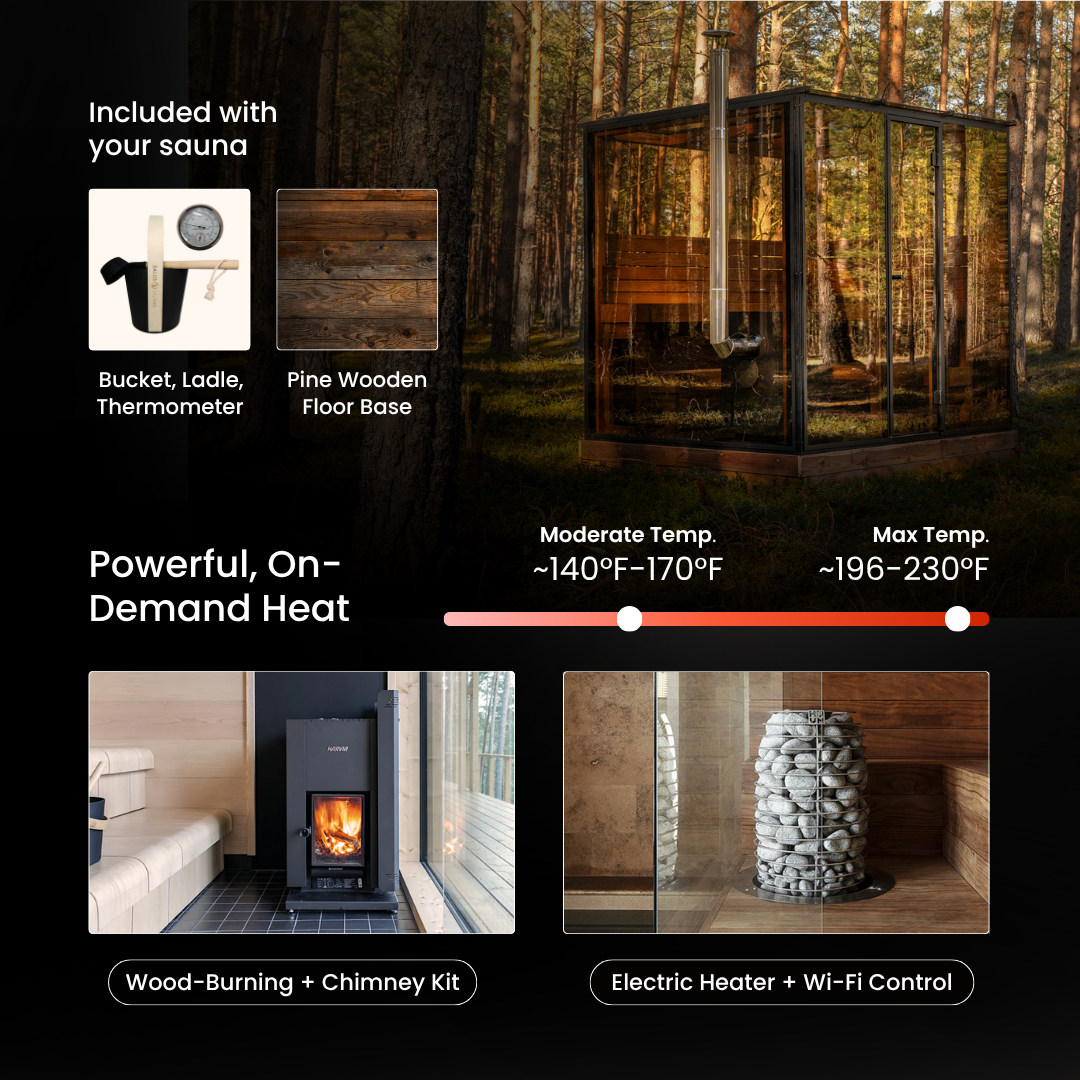 Deluxe Panorama Glass Traditional Outdoor Luxury Sauna - 6 Person