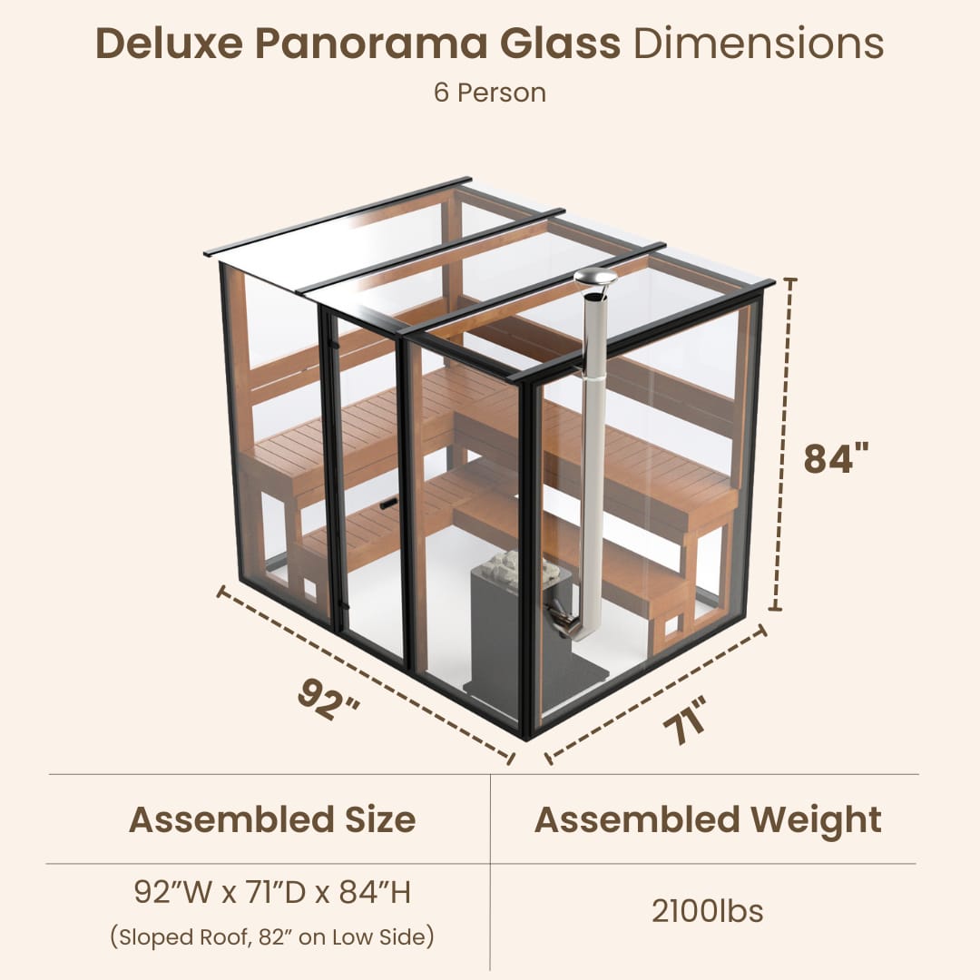 Deluxe Panorama Glass Traditional Outdoor Luxury Sauna - 6 Person