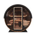Front look of the Grand Nordic Front Glass outdoor barrel sauna with a large front glass window, featuring a wooden interior and visible seating inside.