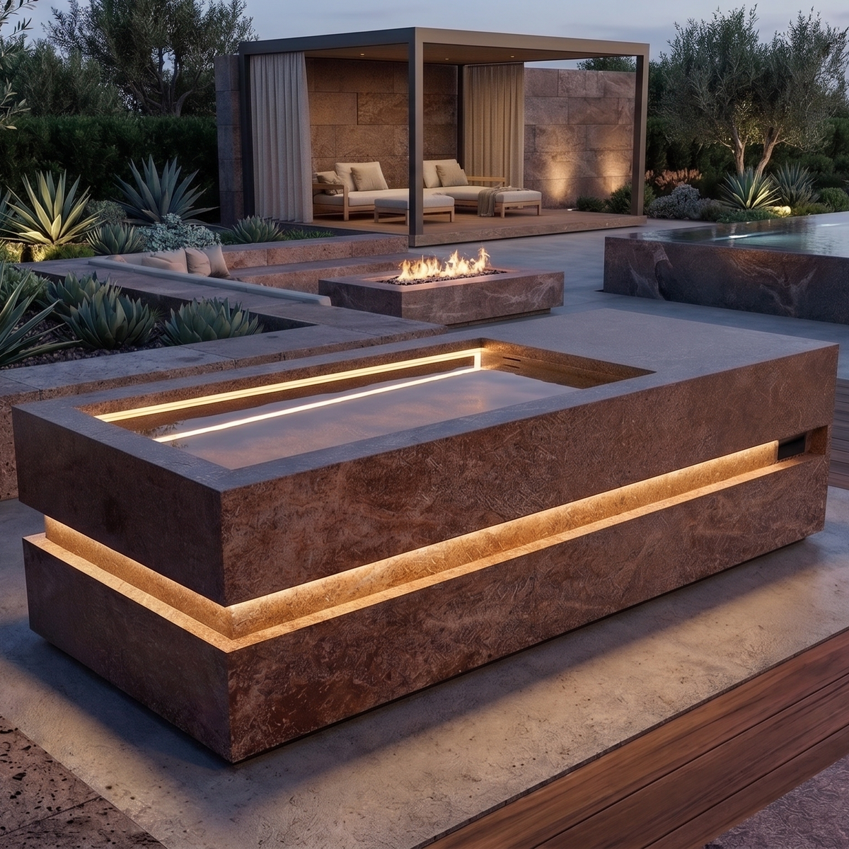 Loki Porfido Marrone cold plunge lit at dusk on a landscaped patio