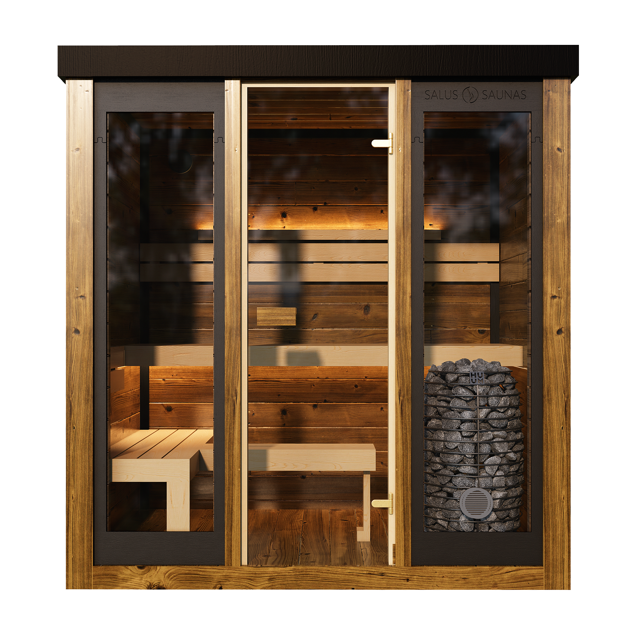 Front exterior view of the Monarch Traditional Outdoor Sauna