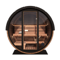 Nordic II outdoor barrel sauna with front glass panels, featuring wooden benches and a dark brown color scheme.