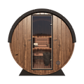 Nordic King Mid-sized 4-person barrel sauna with a thermally-modified pine exterior and a watertight shingled roof kit.