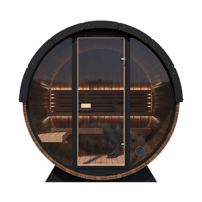 Nordic King outdoor barrel sauna with a glass front and wooden interior.