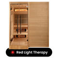 Front look of the Harmony Hybrid Indoor Sauna with wooden walls and a glass door, equipped with interior lighting and labeled with 'Red Light Therapy'.