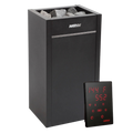 A Harvia sauna heater with a digital control panel displaying temperature and settings, featuring a modern black design with sauna stones on top.