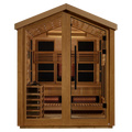 A 3 person outdoor hybrid sauna with full spectrum carbon infrared panels, featuring a wooden design and equipped with interior lighting.