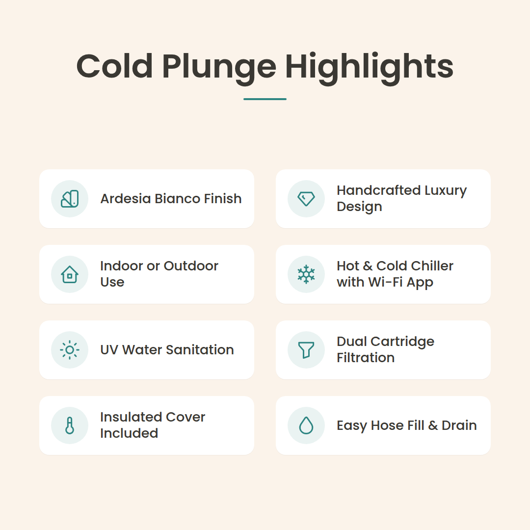 Loki Ardesia Bianco cold plunge highlights: handcrafted luxury design, indoor or outdoor use, hot and cold chiller with Wi-Fi app, UV sanitation, dual cartridge filtration, insulated cover, easy hose fill and drain