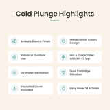 Loki Ardesia Bianco cold plunge highlights: handcrafted luxury design, indoor or outdoor use, hot and cold chiller with Wi-Fi app, UV sanitation, dual cartridge filtration, insulated cover, easy hose fill and drain