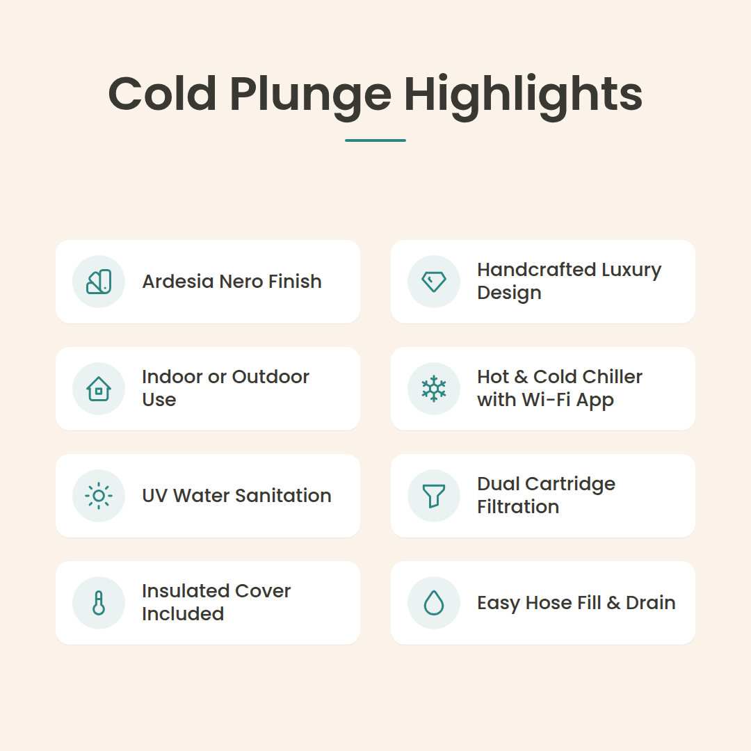 Loki Ardesia Nero cold plunge highlights: handcrafted luxury design, indoor or outdoor use, hot and cold chiller with Wi-Fi app, UV sanitation, dual cartridge filtration, insulated cover, easy hose fill and drain
