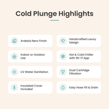 Loki Ardesia Nero cold plunge highlights: handcrafted luxury design, indoor or outdoor use, hot and cold chiller with Wi-Fi app, UV sanitation, dual cartridge filtration, insulated cover, easy hose fill and drain